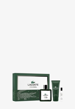 Lacoste Original duftgaveæske med eau de parfum, brusegelé og rejse-spray i grøn-tema emballage.