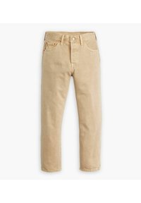 Pantalones de denim de algodón beige con un diseño de pierna recta, estilo de cinco bolsillos y cierre de botón metálico. Tejido texturizado con un ligero desgaste.