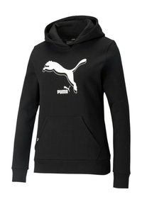 Felpa nera con cappuccio e tasca a marsupio, caratterizzata da un grande logo bianco della Puma sul davanti, realizzata in materiale morbido con cappuccio regolabile con cordino.