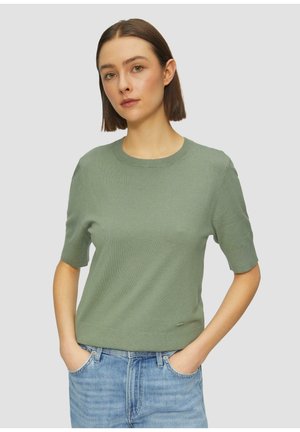Lichtgroene sweater met korte mouwen en een ronde hals, ribbelmanchetten en -zoom, met een subtiele textuur en een getailleerde pasvorm.