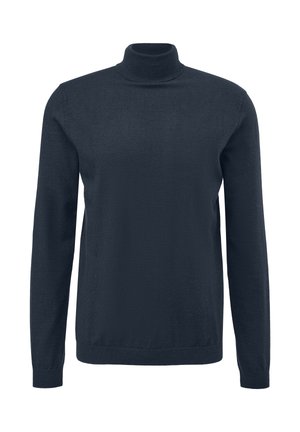 Pull à col roulé bleu marine en tricot doux. Il possède des manches longues et un col ajusté. Texture lisse sans motifs ni accents.