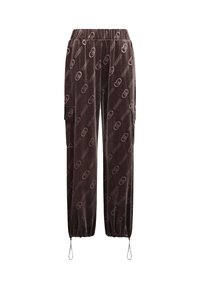 Pantaloni cargo in velluto marrone con motivo logo su tutta la superficie, cintura elasticizzata e polsini con coulisse per una vestibilità regolabile.
