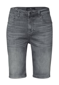 Harmaat farkkushortsit, joissa on suora leikkaus, viisi taskua ja hienovarainen kuluminen. Varustettu vyölenkeillä ja nappisulkimella.