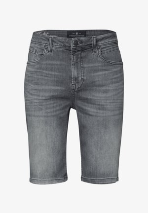 Szare szorty dżinsowe o prostym kroju, pięć kieszeni, z delikatnym wyblaskiem. Posiadają szlufki na pasek oraz zapięcie na guzik.