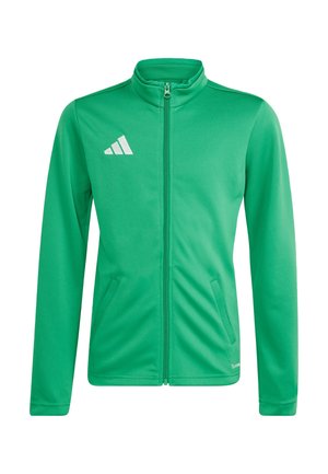 Zielona sportowa kurtka na pełny zamek błyskawiczny, z długimi rękawami, wysokim kołnierzem, dwoma przednimi kieszeniami i białym logo Adidas na prawej piersi.