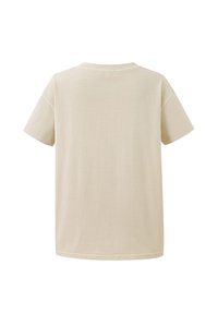 Camiseta beige de algodón de manga corta, vista desde atrás, con escote redondo y detalles de costura sencillos.