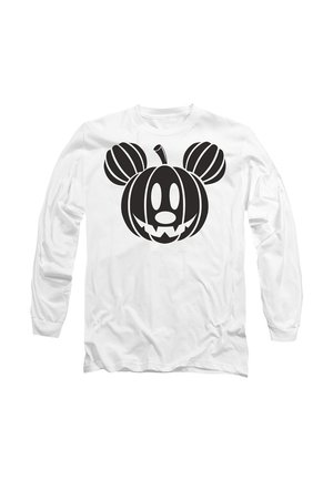 White long-sleeve shirt featuring a black graphic design of a pumpkin with mouse ears and a smiling face with jagged teeth.