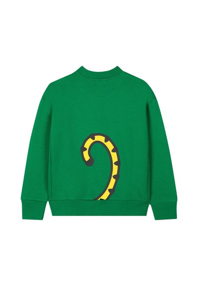 Sweatshirt vert avec une finition texturée. Présente un grand motif de queue jaune et noir au dos. Col et poignets côtelés.