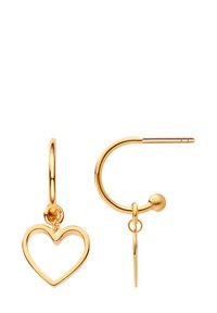 Złote kolczyki w kształcie obręczy z sercowym zawieszeniem. Projekt zawiera gładkie, błyszczące wykończenie oraz zabezpieczone zapięcie na obręcz.