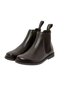 Botas Chelsea de cuero negro con paneles elásticos en los lados, acabado liso, punta redonda y tiradores contrastantes en la parte posterior.