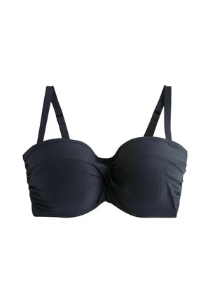 Czarny bikini top bandeau z marszczeniami, regulowanymi ramiączkami i usztywnionymi miseczkami. Gładki materiał o lekko błyszczącej powierzchni.