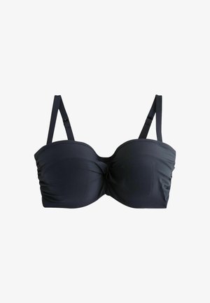 Schwarzer Bandeau-Bikini-Oberteil mit gerafften Details, verstellbaren Trägern und geformten Cups. Glattes Material mit leichtem Glanz.