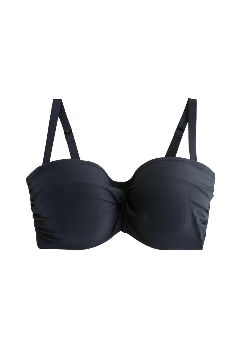 Top bikini nero bandeau con dettagli arricciati, spalline regolabili e coppe strutturate. Tessuto liscio con una leggera lucentezza.