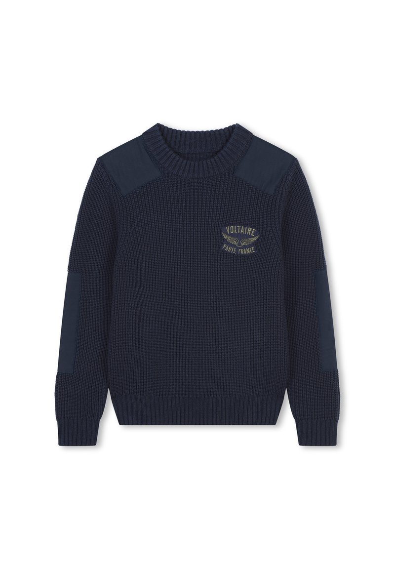 Marine gebreide trui met ribbelstructuur, voorzien van schouder- en elleboogpatches. Geborduurd logo "VOLTAIRE PARIS, FRANKRIJK" in goud.