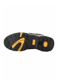 Rubber shoe sole featuring a black base with a yellow accent, textured tread for grip, and a parallel pattern for stability.