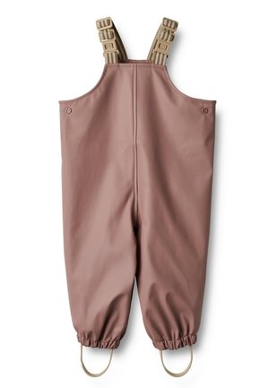 Salopettes imperméables mauves pour enfants avec bretelles marron réglables et chevilles élastiques avec boucles pour les pieds.