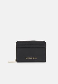 Black leather wallet with a textured surface, featuring gold hardware and a zipper closure, including card slots on the front.