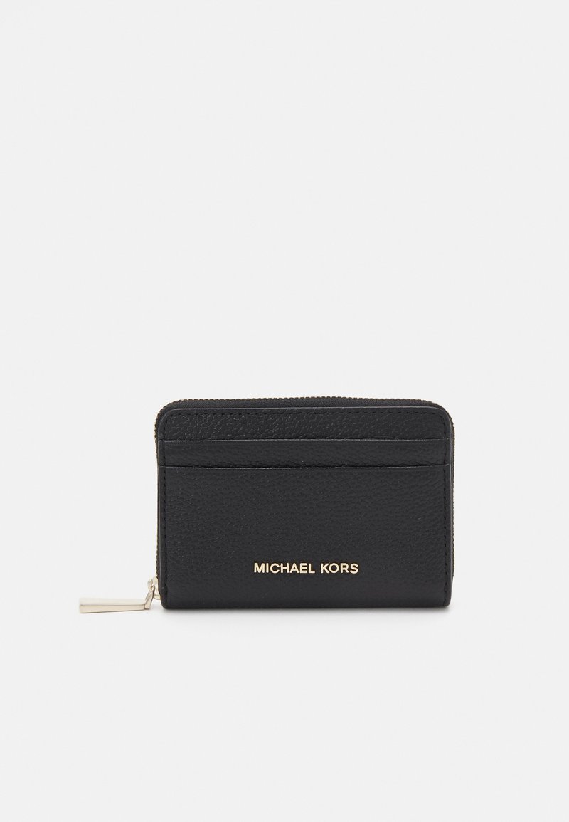 Black leather wallet with a textured surface, featuring gold hardware and a zipper closure, including card slots on the front.