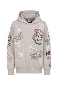 Lichtgrijze hoodie met een frontzak, grote capuchon en kleurrijke grafische ontwerpen, waaronder bloemen, harten en teksten.