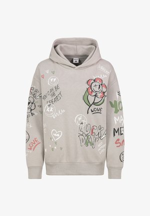 Hellgrauer Kapuzenpullover mit einer Fronttasche, großer Kapuze und bunten grafischen Designs, darunter Blumen, Herzen und Sprüche.