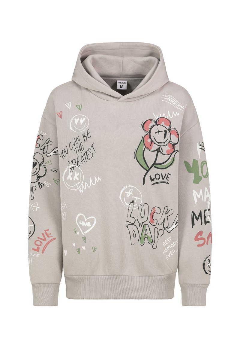 Lichtgrijze hoodie met een frontzak, grote capuchon en kleurrijke grafische ontwerpen, waaronder bloemen, harten en teksten.