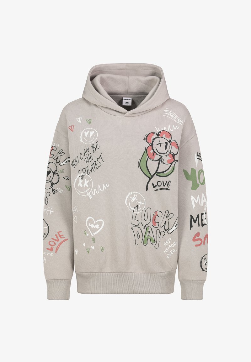 Hellgrauer Kapuzenpullover mit einer Fronttasche, großer Kapuze und bunten grafischen Designs, darunter Blumen, Herzen und Sprüche.