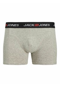 Pilkos medvilnės bokseriai su juodu elastingu juosmeniu, ant kurio užrašyta "JACK & JONES" baltomis ir raudonomis raidėmis. Standartinio kirpimo, su siūlomais detalėmis.