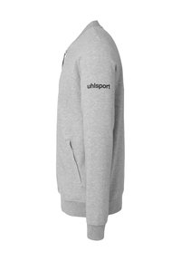 Grå sweatshirt med lynlås, ribbede ærmer, sidelommer og sort "uhlsport" logo på venstre ærme. Blødt, struktureret stof.