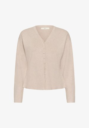 Beige knit cardigan with a V-neck, long sleeves, and a button-down front. Features a flared hem and a soft texture.