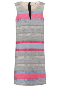 Robe droite sans manches avec des rayures horizontales grises, beiges, roses et bleues, avec une fente verticale noire à l’encolure.