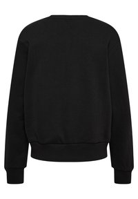 Sweat-shirt noir à col rond, poignets et ourlet côtelés. Texture lisse, design minimaliste, sans motifs ni ornements visibles.