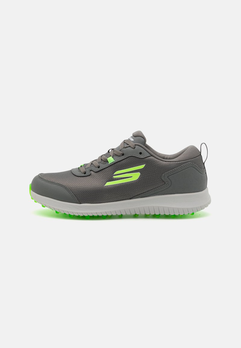 Gray athletic shoes with a mesh upper, featuring bright green accents on the laces and outsole, and a textured rubber sole for grip.