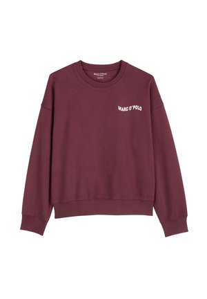 Bordeauxfarbenes Sweatshirt aus weichem Material mit einem runden Ausschnitt und gerippten Bündchen. Der Markenname "Marc O'Polo" ist in Weiß aufgedruckt.
