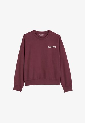 Felpa bordeaux realizzata in tessuto morbido, con scollatura rotonda e polsini a coste. Il nome del marchio "Marc O'Polo" è stampato in bianco.