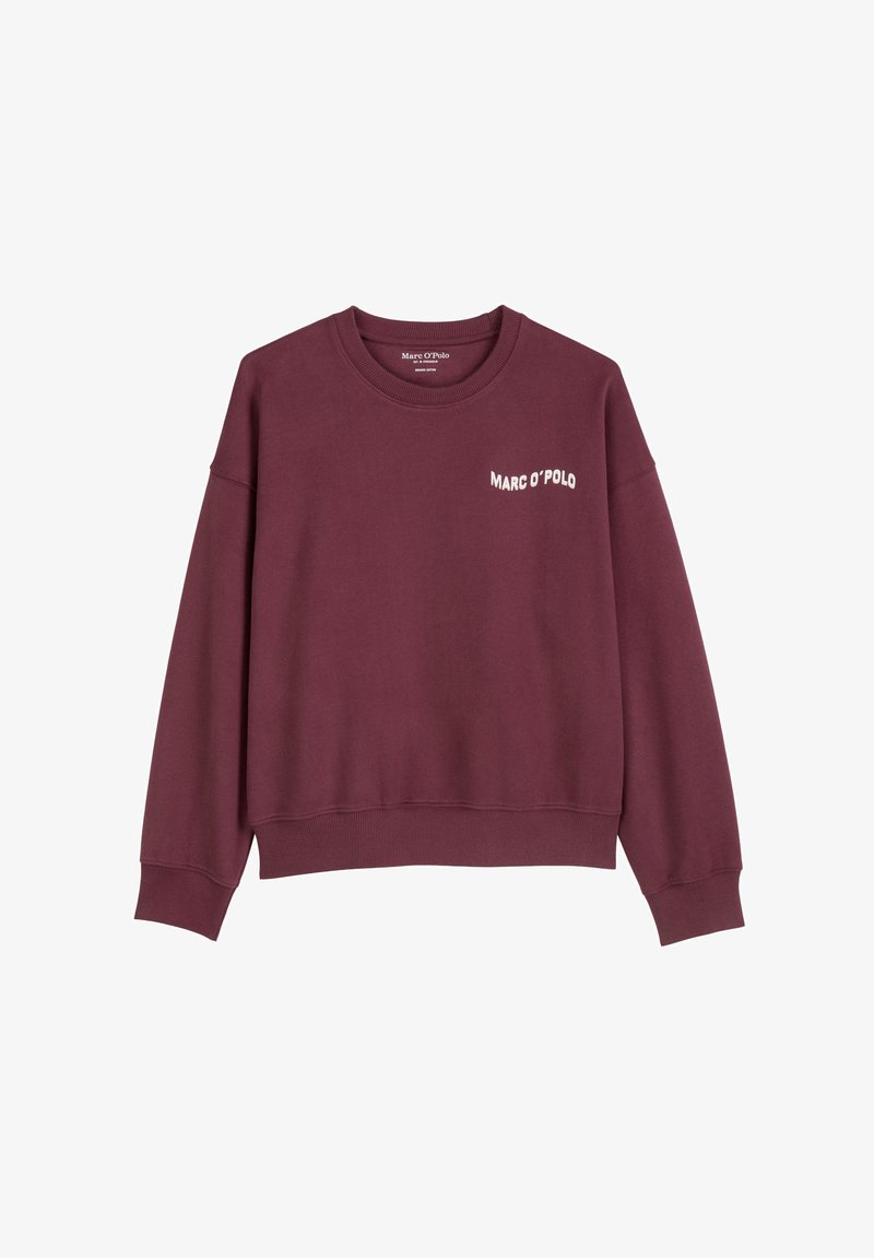 Bordeaux sweatshirt gemaakt van zachte stof, met een ronde hals en geribbelde boorden. De merknaam "Marc O'Polo" is in het wit gedrukt.