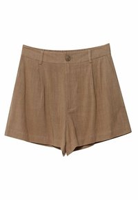 Hnědé lněné šortky s přizpůsobeným střihem, obsahující zapínání na předním knoflíku, sklady, boční kapsy a rovný lem.