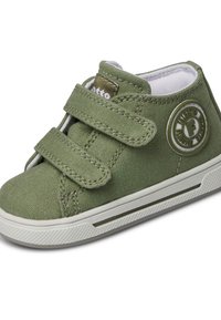 Zelené plátěné vysoké boty se dvěma suchými zipy, bílou podšívkou, kulatým logem a texturovanou gumovou podrážkou.