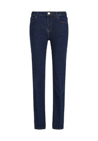 Mörkblå denimjeans med rak passform, kontraststickningar, fem fickor och knappstängning framtill. Slät yta och klassisk design.
