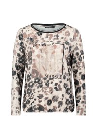 Loovertjesprint sweatshirt met lange mouwen in zachte stof met zwarte afwerking. Het midden heeft een vierkant ontwerp met de tekst "GLITTER" en "SPARKLE."