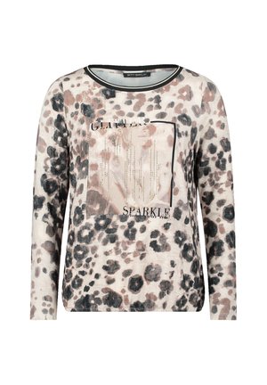 Loovertjesprint sweatshirt met lange mouwen in zachte stof met zwarte afwerking. Het midden heeft een vierkant ontwerp met de tekst "GLITTER" en "SPARKLE."