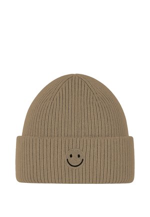 Ribbed knit beige beanie with folded cuff featuring a small embroidered black smiley face on the front center.