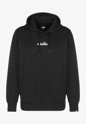 Hoodie noir en tissu mélangé de coton, avec une poche avant, des cordons de serrage réglables et un logo blanc sur la poitrine.
