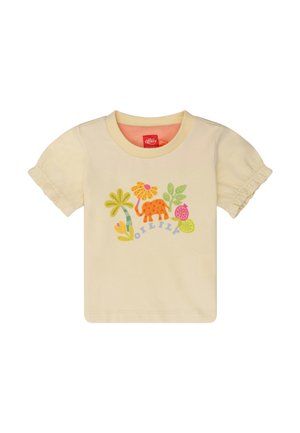 Lichtgele T-shirt met korte mouwen met een kleurrijke afbeelding van een dinosaurus en bloemen. Zacht katoenen materiaal met een ronde hals en geplooide mouwen.