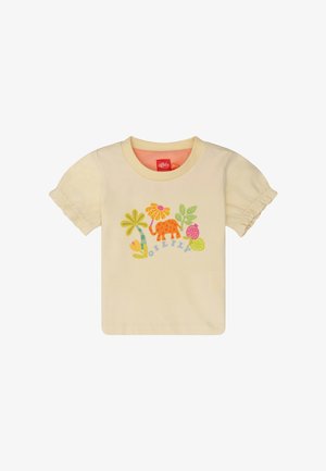 Lichtgele T-shirt met korte mouwen met een kleurrijke afbeelding van een dinosaurus en bloemen. Zacht katoenen materiaal met een ronde hals en geplooide mouwen.