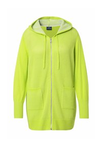 Felpa leggera in rete di maglia di un luminoso verde lime. Presenta una zip frontale, cappuccio con cordoncino e due tasche frontali. Maniche lunghe con polsini a costine.