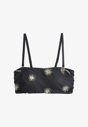 Schwarzes Bikini-Oberteil mit dünnen, verstellbaren Trägern und hellgoldener Stickerei von Meeresmuschel und Seestern auf dem Stoff.