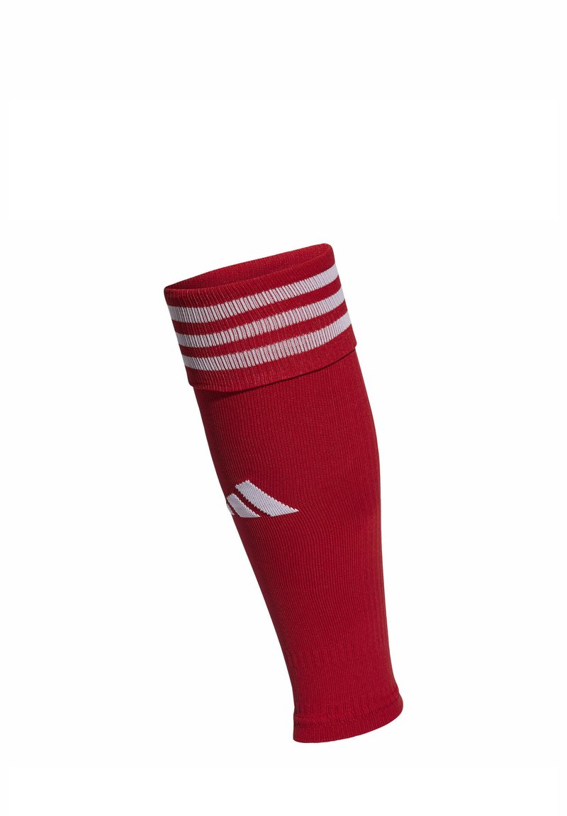 Red cotton sports arm sleeve featuring a white striped cuff, with a white logo accent on the side. Tight-fitting and smooth texture.