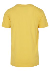Einfarbiges gelbes T-Shirt mit kurzen Ärmeln, von hinten gezeigt, mit rundem Halsausschnitt und ohne sichtbare Muster oder Logos.