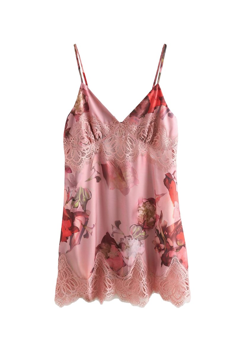 Camisolă din satin floral roz, cu bretele ajustabile și dantelă fină la tiv, evidențiind un model delicat și o textură netedă.