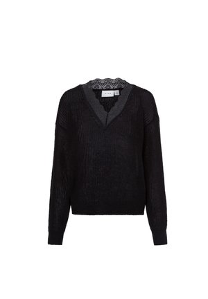 Schwarzer Strickpullover mit V-Ausschnitt, langen Ärmeln und einer strukturierten Oberfläche. Spitzenverzierungen am Ausschnitt verleihen einen kontrastierenden Akzent.